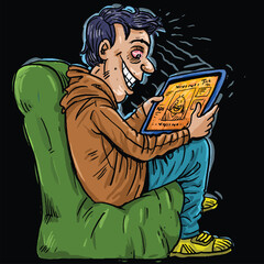 Freehand Illustration of a boy waste lots of time surfing internet.