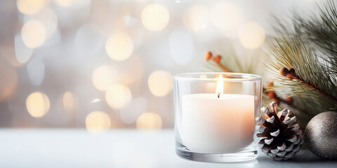 Close up of white candle  with Christmas fir, decoration, bokeh. Christmas background with warm candlelight. Holidays banner. Cozy, warm ambience concept. Generative ai