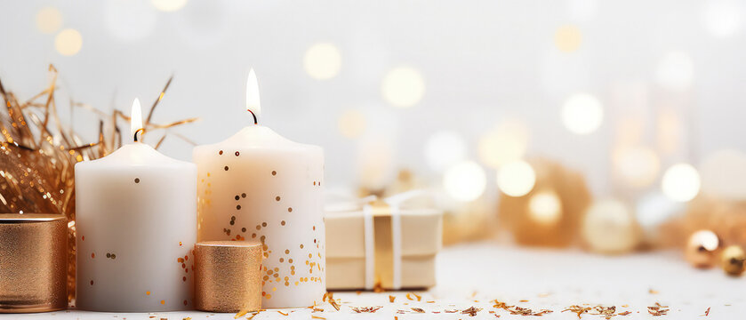Close up of white candle composition on beige with golden decoration, confetti, bokeh. Christmas background with warm candlelight. Holidays banner. Cozy, warm ambience concept. Generative ai