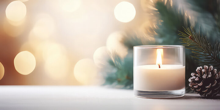 Close up of white candle  with Christmas fir, decoration, bokeh. Christmas background with warm candlelight. Holidays banner. Cozy, warm ambience concept. Generative ai