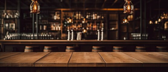 Rustic empty wooden table. Vintage pub interior. Dark wood counter. Restaurant space. Abstract bar scene - obrazy, fototapety, plakaty