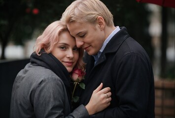 a romantic couple hugging with a red rose in the middle