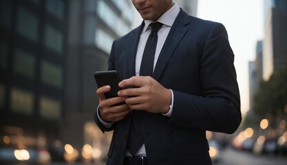A successful entrepreneur is checking his schedule on his phone while on a city sidewalk.