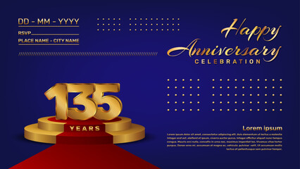 135th anniversary celebration vector template with 3D numbers style and golden stage, Vector template