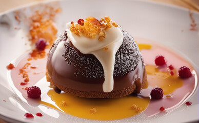 chocolate choux pastry cream raspberry passion fruit coulis delicious tasty luxury fancy food 