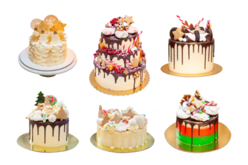 Collection of isolated cakes for christmas and New Year celebrations. With edible christmas trees, dried oranges, candy canes, snowflakes, gingerbread