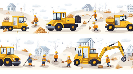 A charming children's seamless pattern showcasing yellow dump trucks, cranes, roads, and signs against a white background. This construction site illustration boasts a delightful cartoon style, making