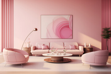 pink living room interior with trendy pink sofa and coffee table