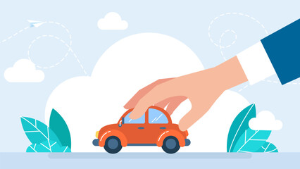 A man controls a tiny toy car with his hand. Car driver. Hand driving auto on the highway. Drive safely. The concept of selling, using and insuring auto. Flat vector illustration.