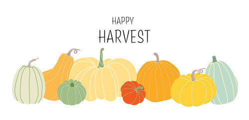 Happy Harvest. Horizontal banner with different pumpkins isoleted on white background. Vector harvest, autumn design element.