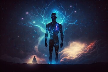 Human body with glowing energy and thunderstorm background