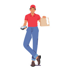 Courier Character Delivering A Food Package With A Pos Terminal, Ensuring Secure Payments And Efficient Transactions