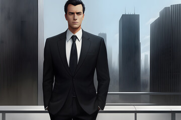 Ai generated image of businessman in a black suit with modern buildings in the background