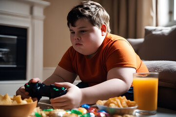 An overweight boy with game controller engrossed in playing a computer with snacks nearby