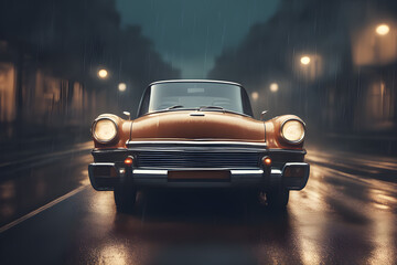Orange color retro car driving in the night on a rainy road against a street lanterns, dusky lighting, cinematic, front view
