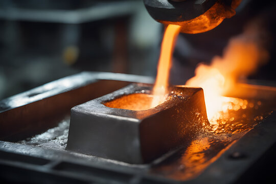 Close-up view of molten metal being poured into molds in a foundry
