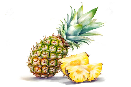 Illustration of fresh ananas fruit, whole and sliced, on a white background, painted in watercolor, light color, pastel