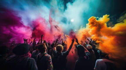 Naklejka premium A large group of people in a Festival Atmosphere filled with multi colored smoke.