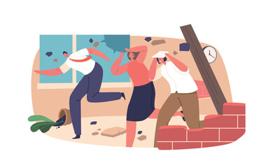 Terrified People Characters Flee A Crumbling Structure During An Earthquake, Seeking Safety Amid Chaos And Destruction