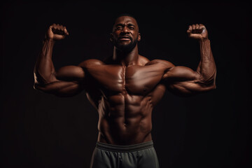 Fototapeta na wymiar Black man on dark isolated background showing his biceps Pumped up man without a t-shirt