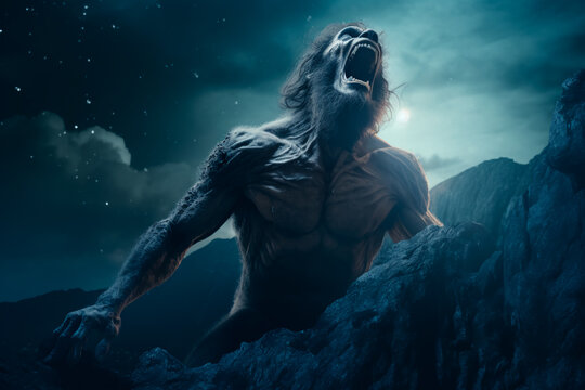 A werewolf at night on a full moon. A terrible mythical creature