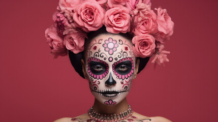 Close up of a Mexican woman with day of the dead makeup, flowers and skull, mexico holiday