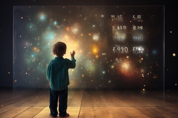 Boy with autism touching the transperant wall with numbers, child mental health concept