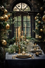 Fototapeta na wymiar Festive Christmas and New Year evening table setting with interior decorations background