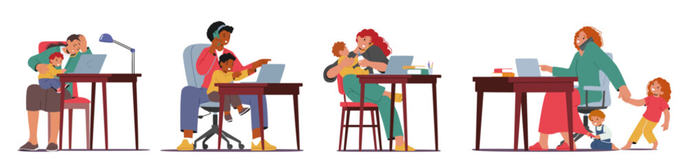 Multitasking Business Mother Characters Skillfully Balancing Work On Laptops While Holding Their Children