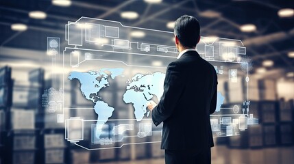 Businessman and global logistics network distribution and transportation, Smart logistics, Innovation future of transportation on large warehouse center