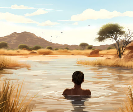 swimming in river african boy, dessert background generative ai