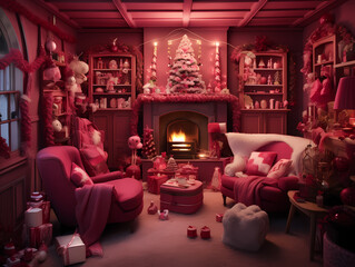 pink template for christmas with fir tree and gift boxes. room with fireplace and holiday mood generative ai