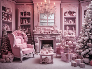 pink template for christmas with fir tree and gift boxes. room with fireplace and holiday mood generative ai