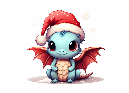 cute or scary small dragon isolated with santa claus hat cap or next to christmas tree. year of the dragon concept, generative ai image