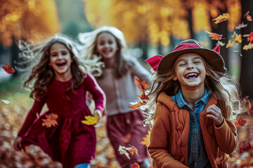 Naklejka premium fall Fun Kids in leaves - blurred left side for ad copy