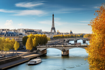 Fototapeta premium Seine in Paris with Eiffel tower in autumn time
