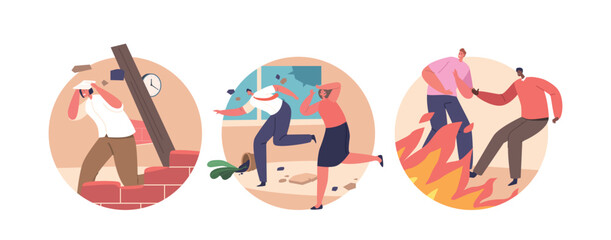 Isolated Round Icons Or Avatars With Terrified People Flee As Earthquake And Fire Wreak Havoc, Vector Illustration