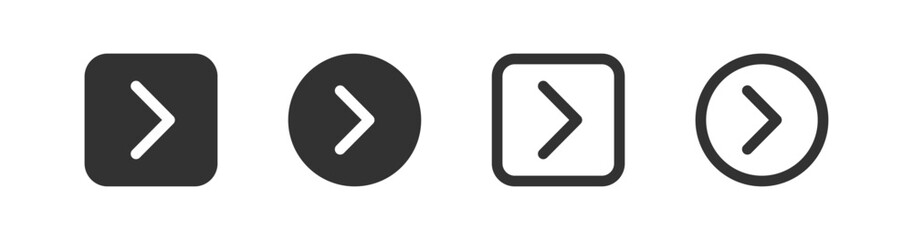 Arrow next icon. Button forward signs. Back symbol. Right direction symbols. More page icons. Black color. Vector isolated sign.