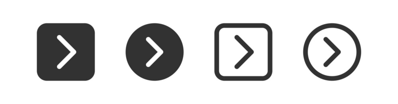 Arrow next icon. Button forward signs. Back symbol. Right direction symbols. More page icons. Black color. Vector isolated sign.