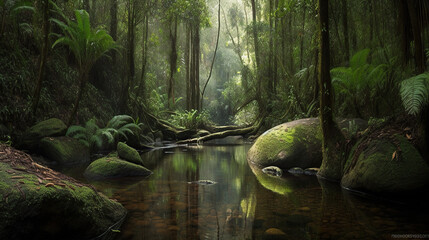 tropical rainforest with a river in the foreground.