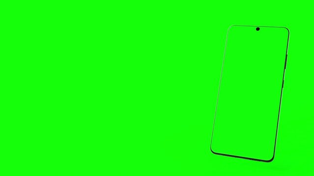 3D animation of modern android smartphone in front of backdrop with green display for chroma keying.