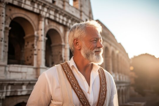 Lifestyle portrait photography of a blissful mature man wearing a chic pearl necklace against the colosseum in rome italy. With generative AI technology