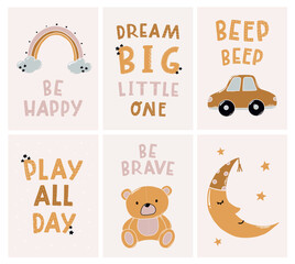 set of nursery prints, poisters, cards, banners decorated with lettering quotes and illustrations in boho style. EPS 10