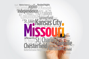 List of cities in Missouri USA state, map silhouette word cloud, map concept background