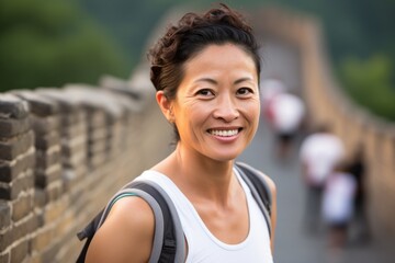 Headshot portrait photography of a cheerful girl in her 40s wearing a fashionable tube top at the great wall of china in beijing china. With generative AI technology