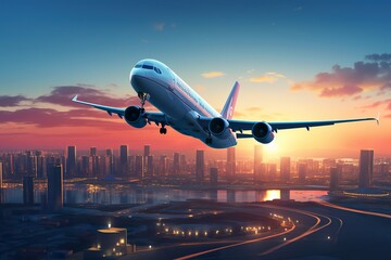 Passenger airplane take off over the panorama city at twilight scene