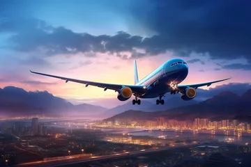 Photo sur Plexiglas Avion Passenger airplane take off over the panorama city at twilight scene