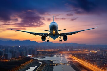 Fototapeta na wymiar Passenger airplane take off over the panorama city at twilight scene