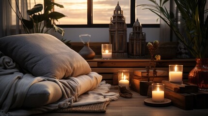 meditation space near the window with candles and soft pillow.