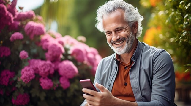 Handsome Senior Man Engaged with Smartphone, generative Ai